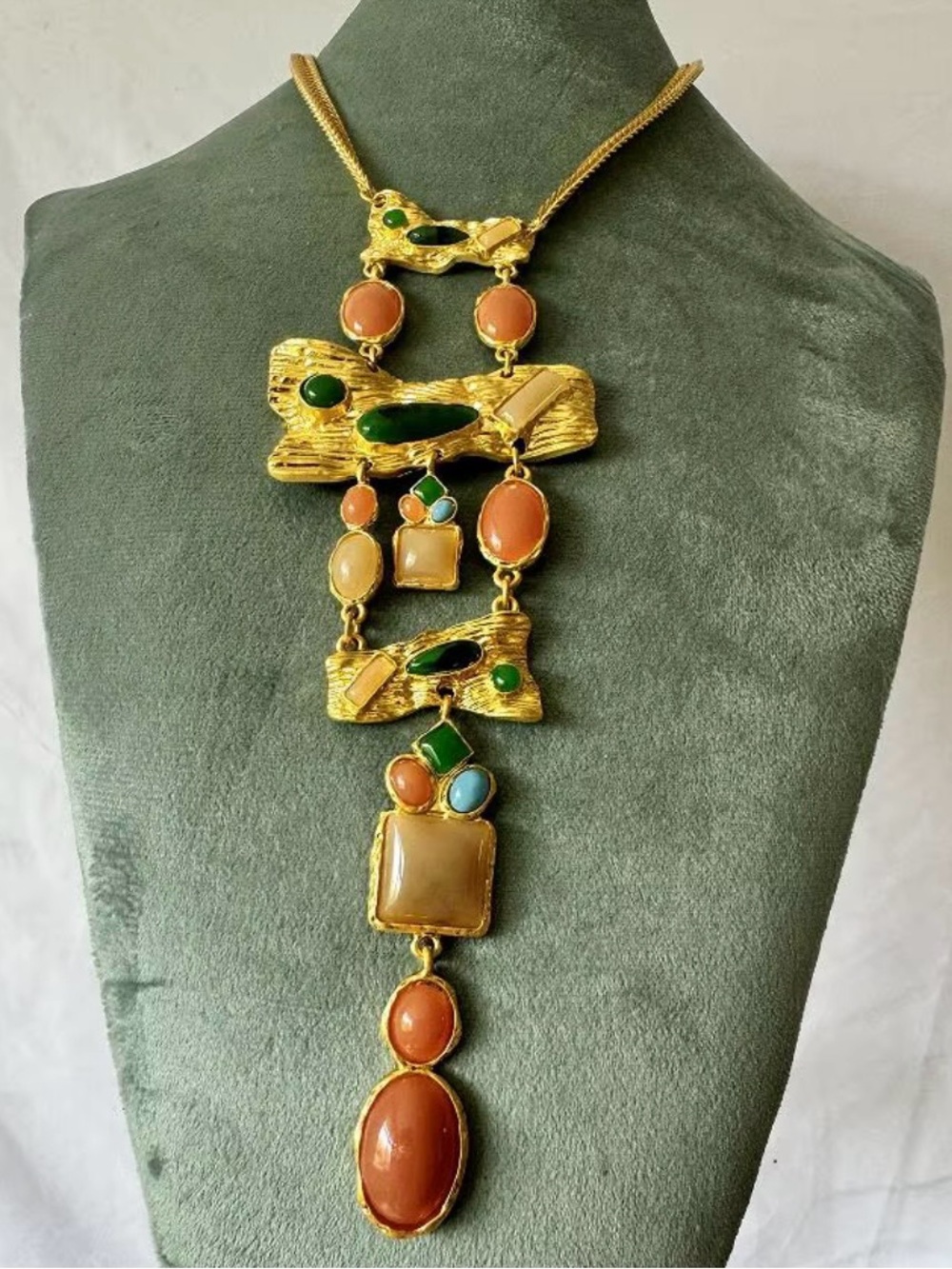 Vintage Gold-Tone Pendant Necklace with Orange, Green & Blue Stones